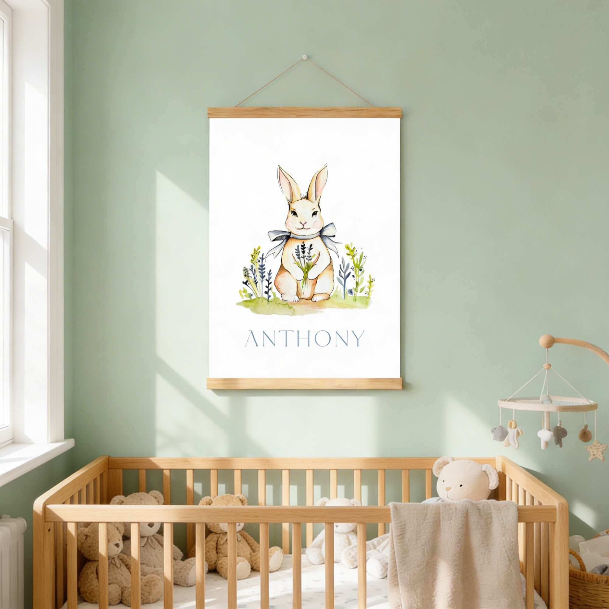 Bunny & Blue Bow | Wall Art Print